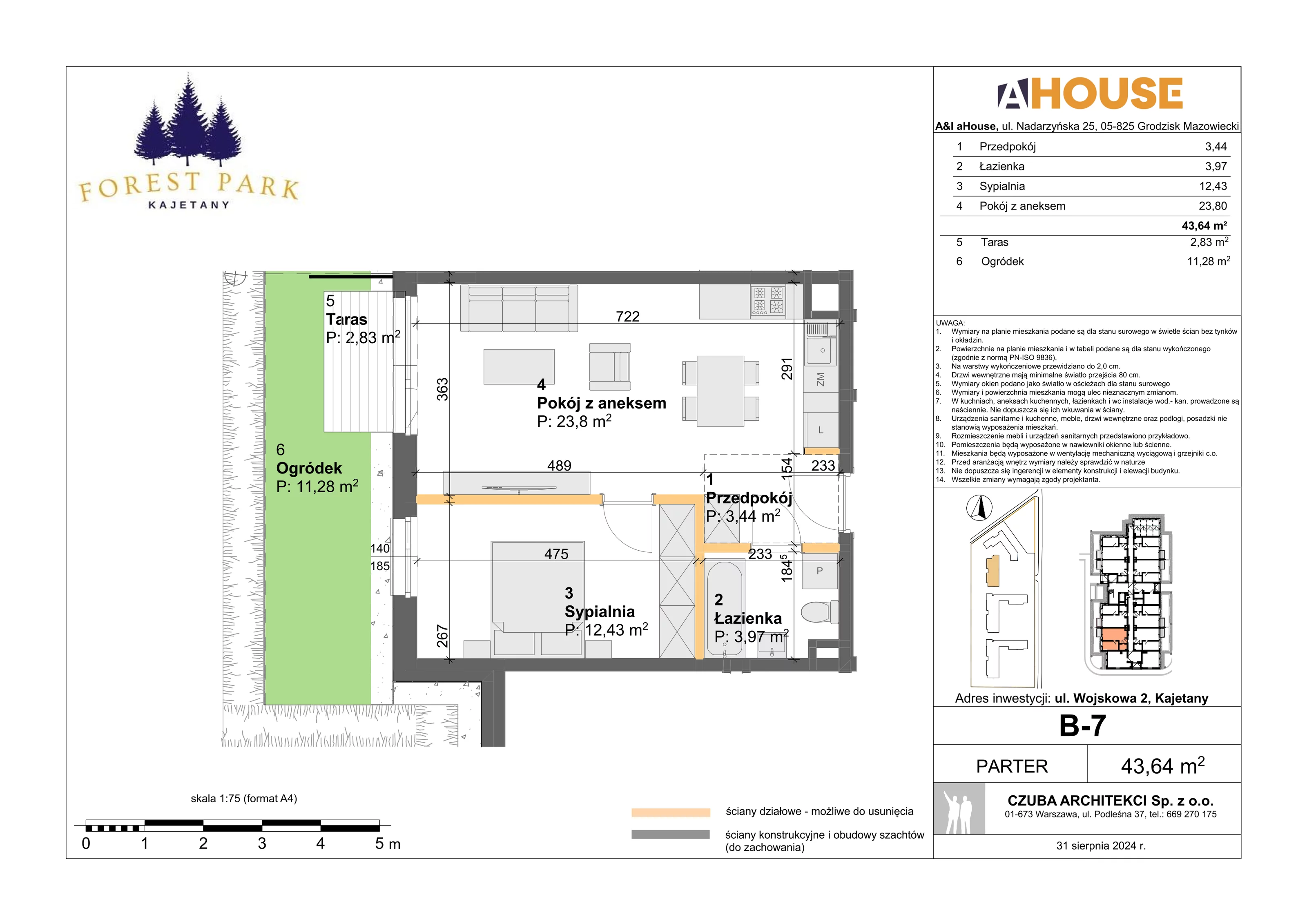 2 pokoje, mieszkanie 43,64 m², parter, oferta nr B-7, Forest Park Kajetany, Kajetany, ul. Wojskowa 2